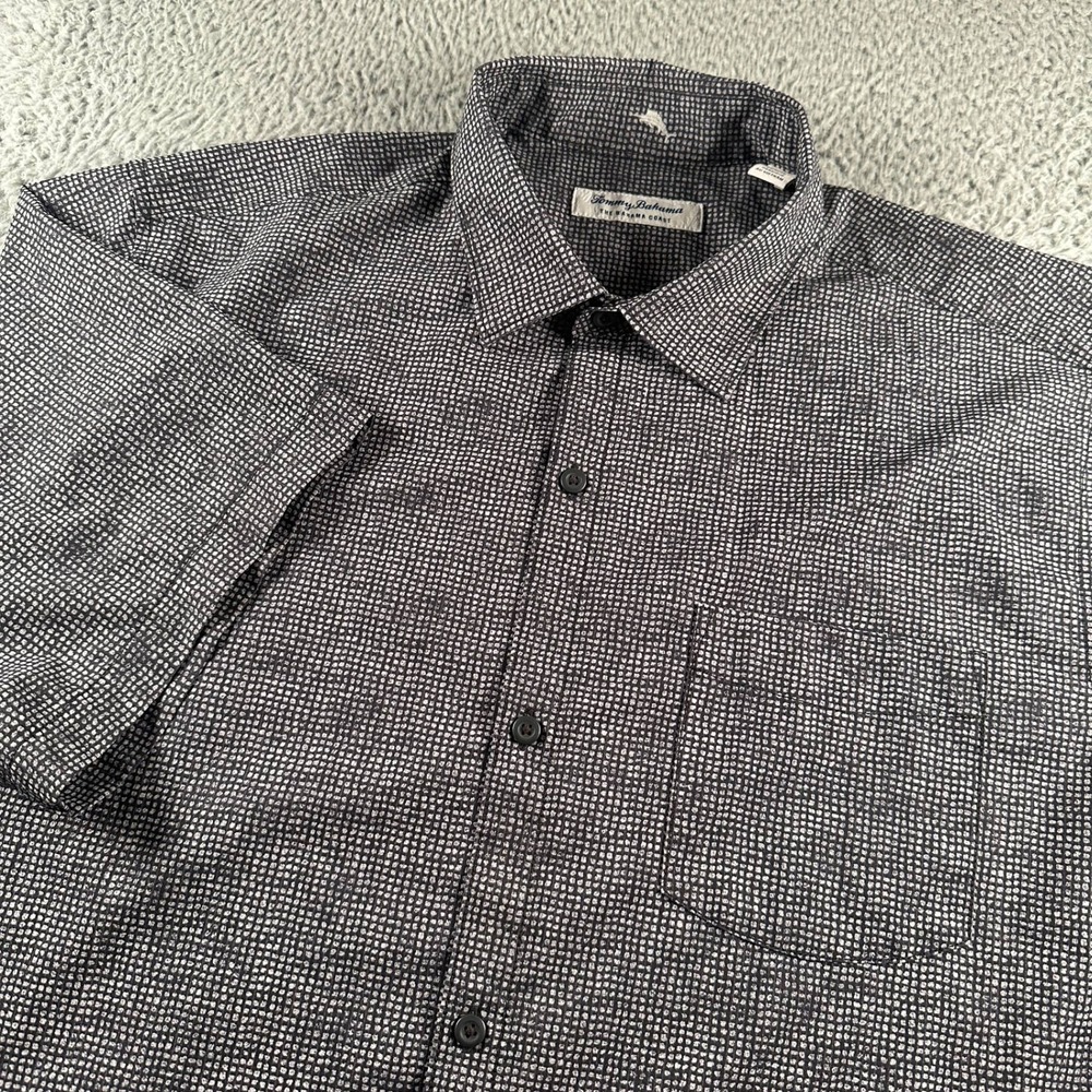 Tommy Bahama Bahama Coast Shirt Mens L Button Up Grid Dot Print Black SS